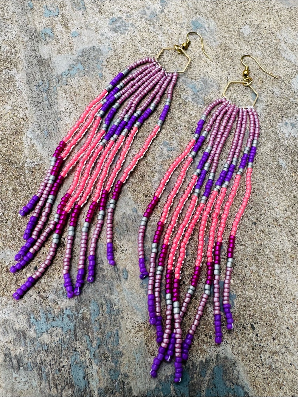 Pink & Purple Beaded Fringe Earrings with Gold Hexagon Hooks